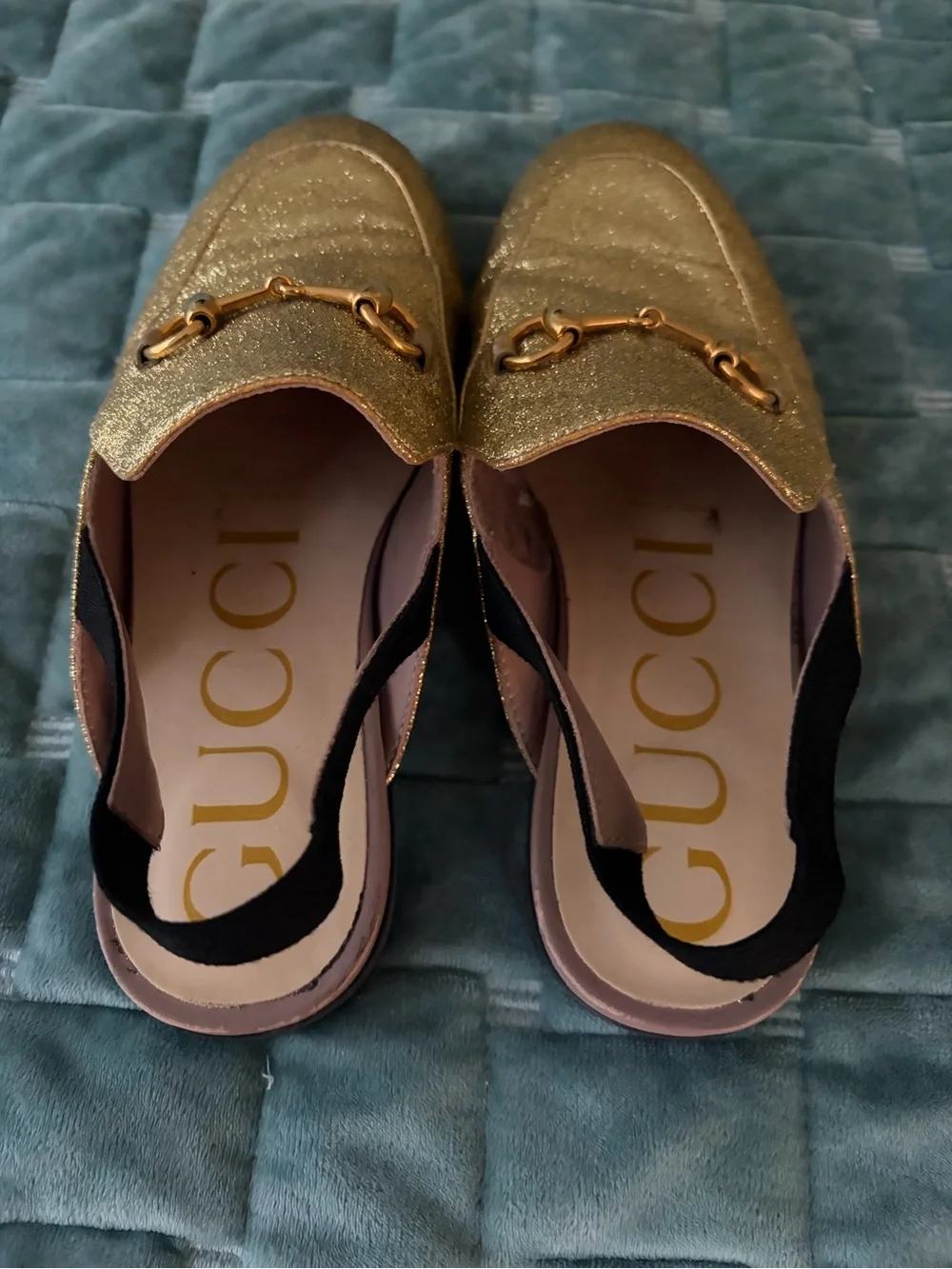 Gucci Kids Princetown Gold Glitter Horsebit Slingback Loafers EU 33 / US 2